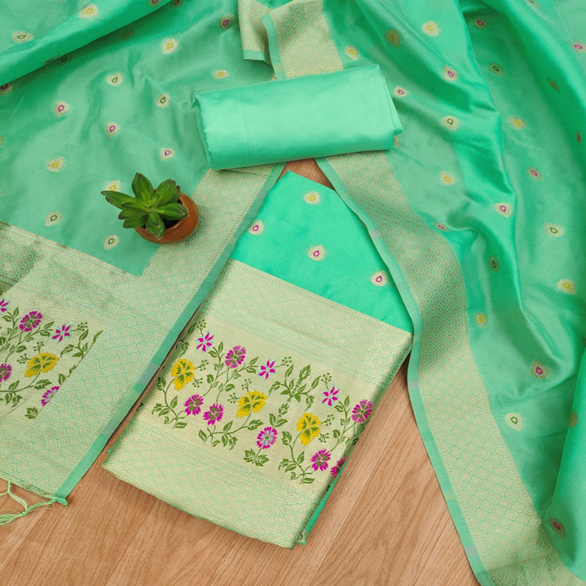 Sea Green Floral Zari Woven Banarasi Silk Dress Material