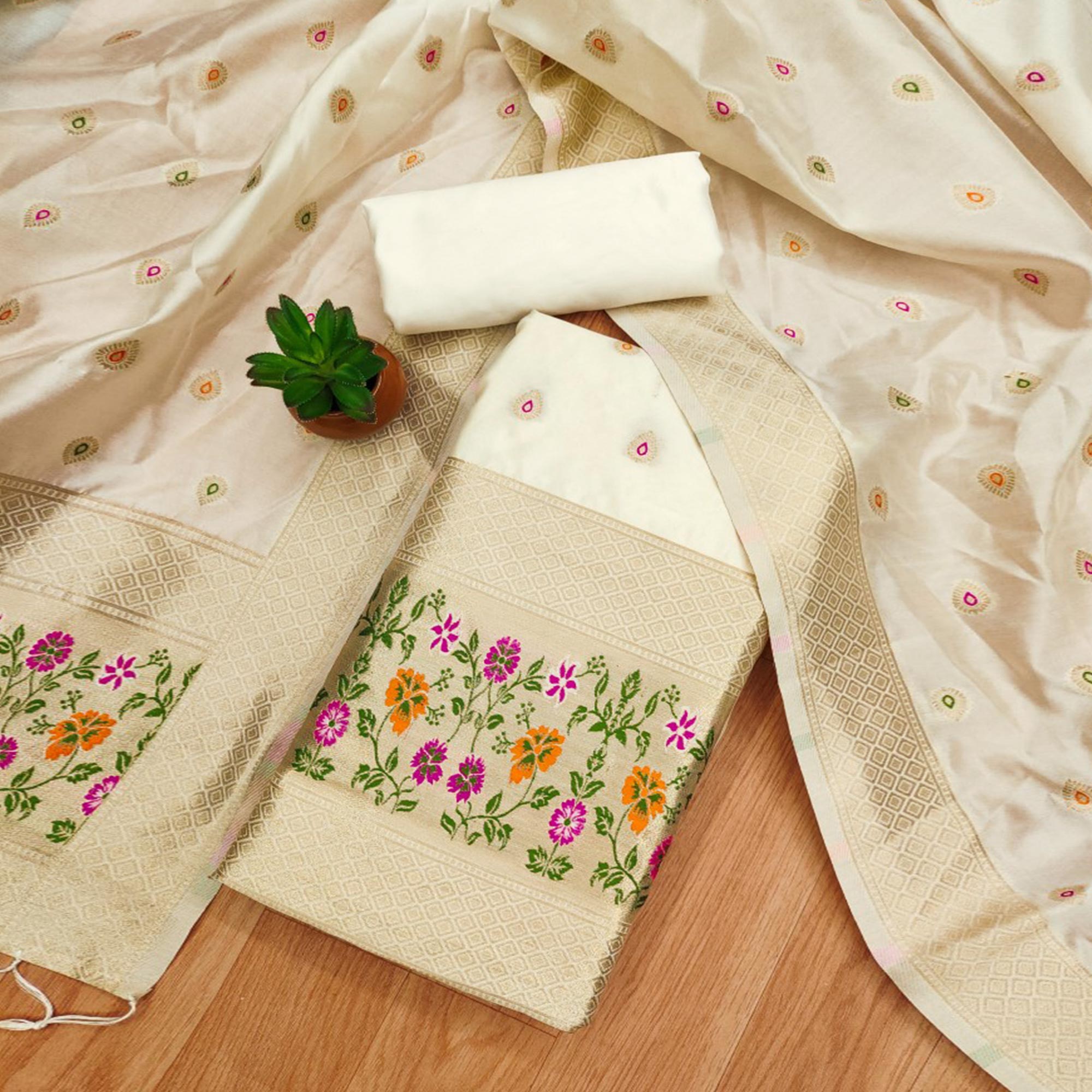 White Floral Zari Woven Banarasi Silk Dress Material