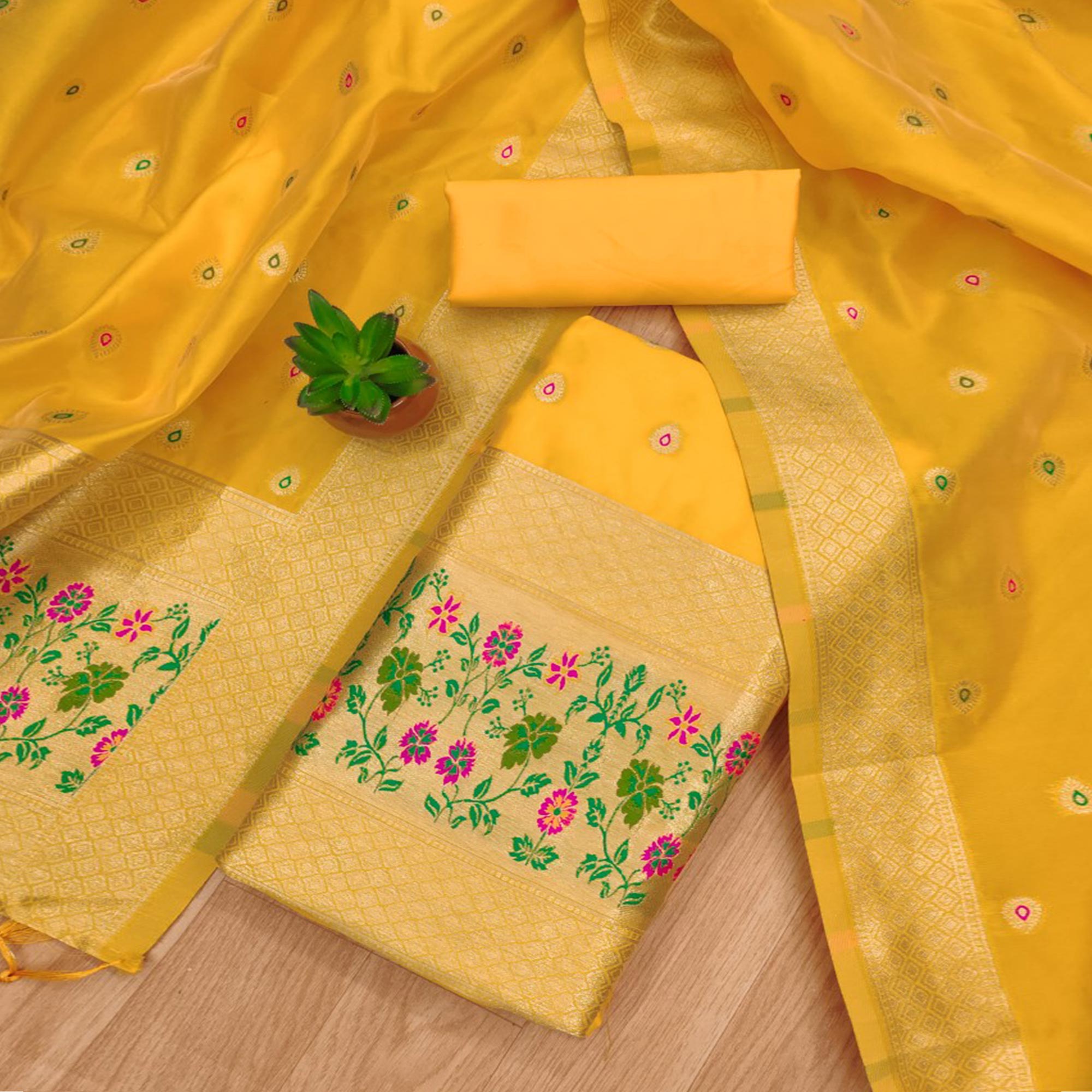 Yellow Floral Zari Woven Banarasi Silk Dress Material