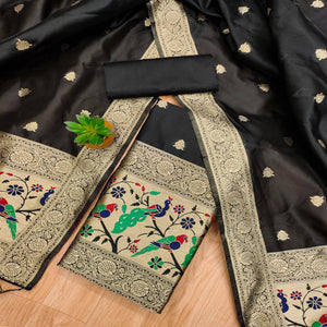 Black Floral Zari Woven Banarasi Silk Dress Material