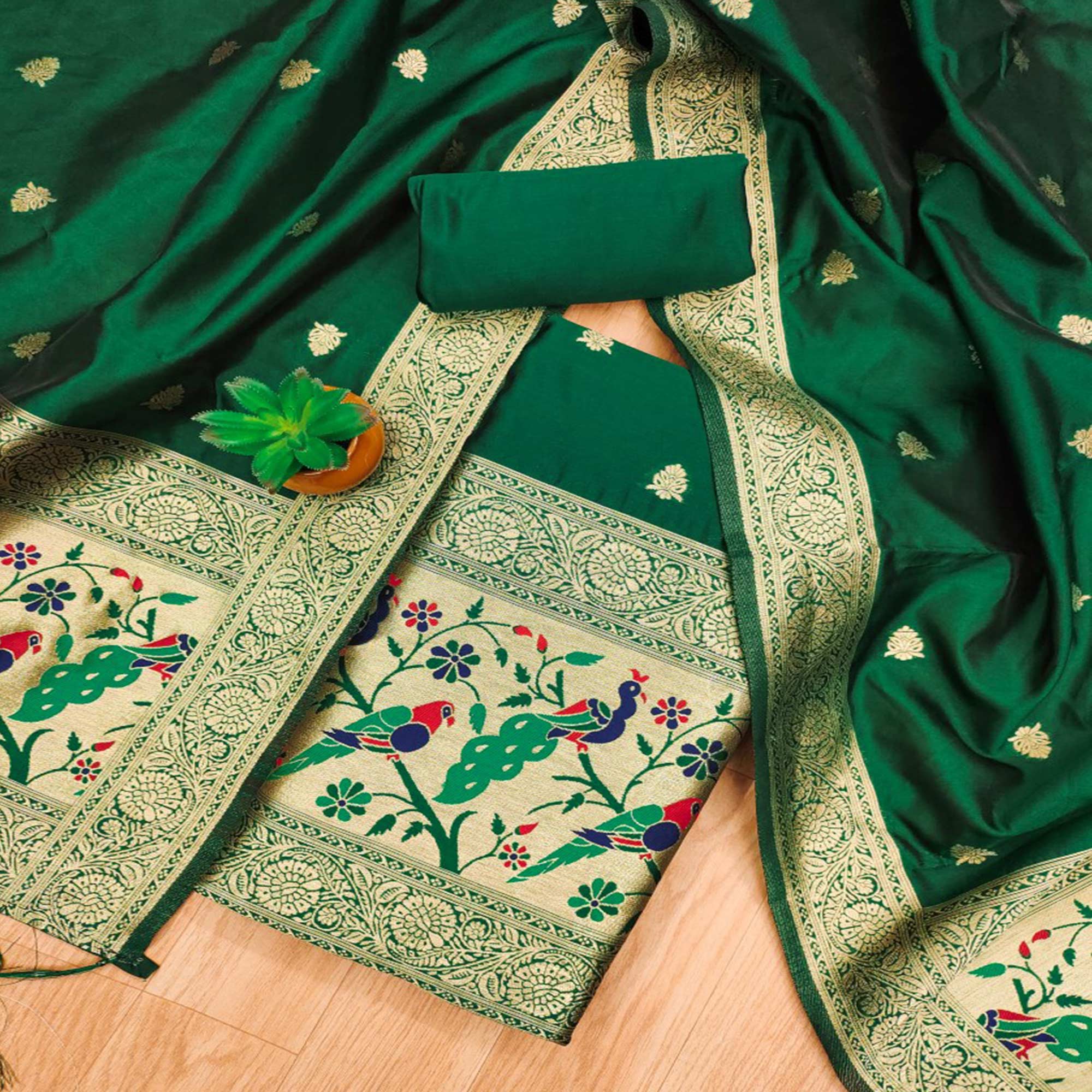 Green Floral Zari Woven Banarasi Silk Dress Material