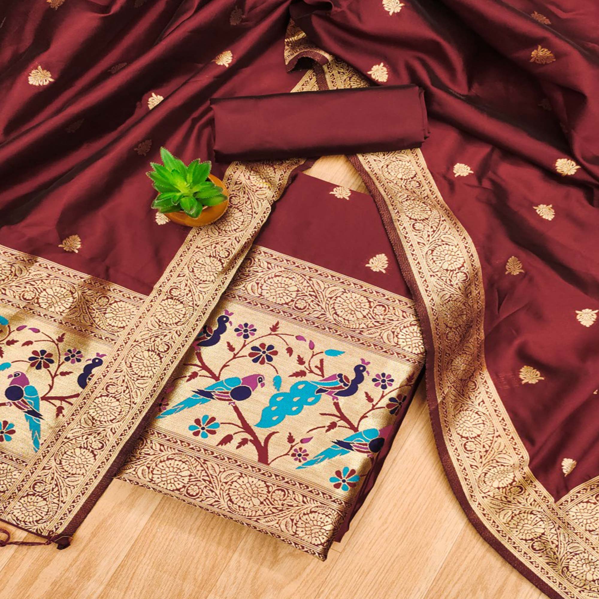 Maroon Floral Zari Woven Banarasi Silk Dress Material
