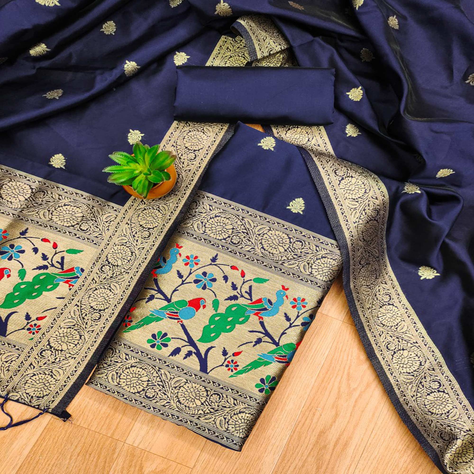Navy Blue Floral Zari Woven Banarasi Silk Dress Material