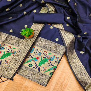 Navy Blue Floral Zari Woven Banarasi Silk Dress Material