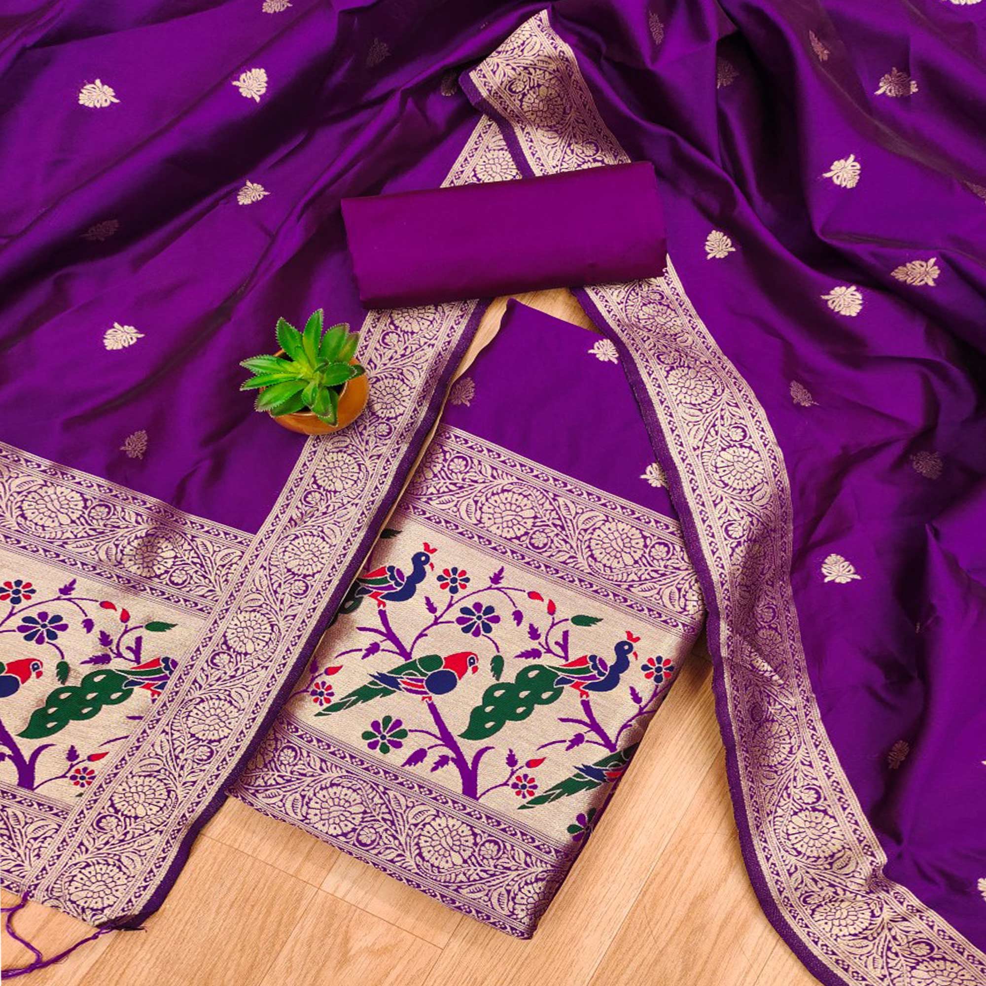 Purple Floral Zari Woven Banarasi Silk Dress Material