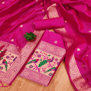 Rani Pink Floral Zari Woven Banarasi Silk Dress Material