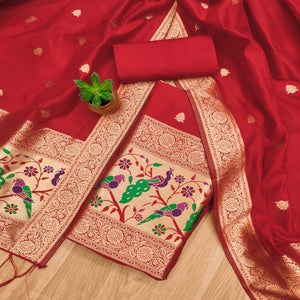Red Floral Zari Woven Banarasi Silk Dress Material
