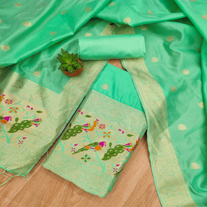 Sea Green Floral Zari Woven Banarasi Silk Dress Material