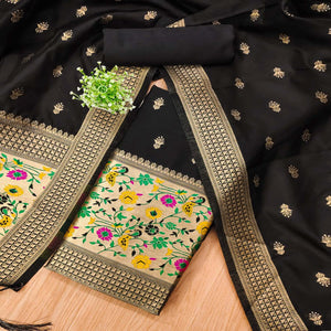 Black Floral Zari Woven Banarasi Silk Dress Material