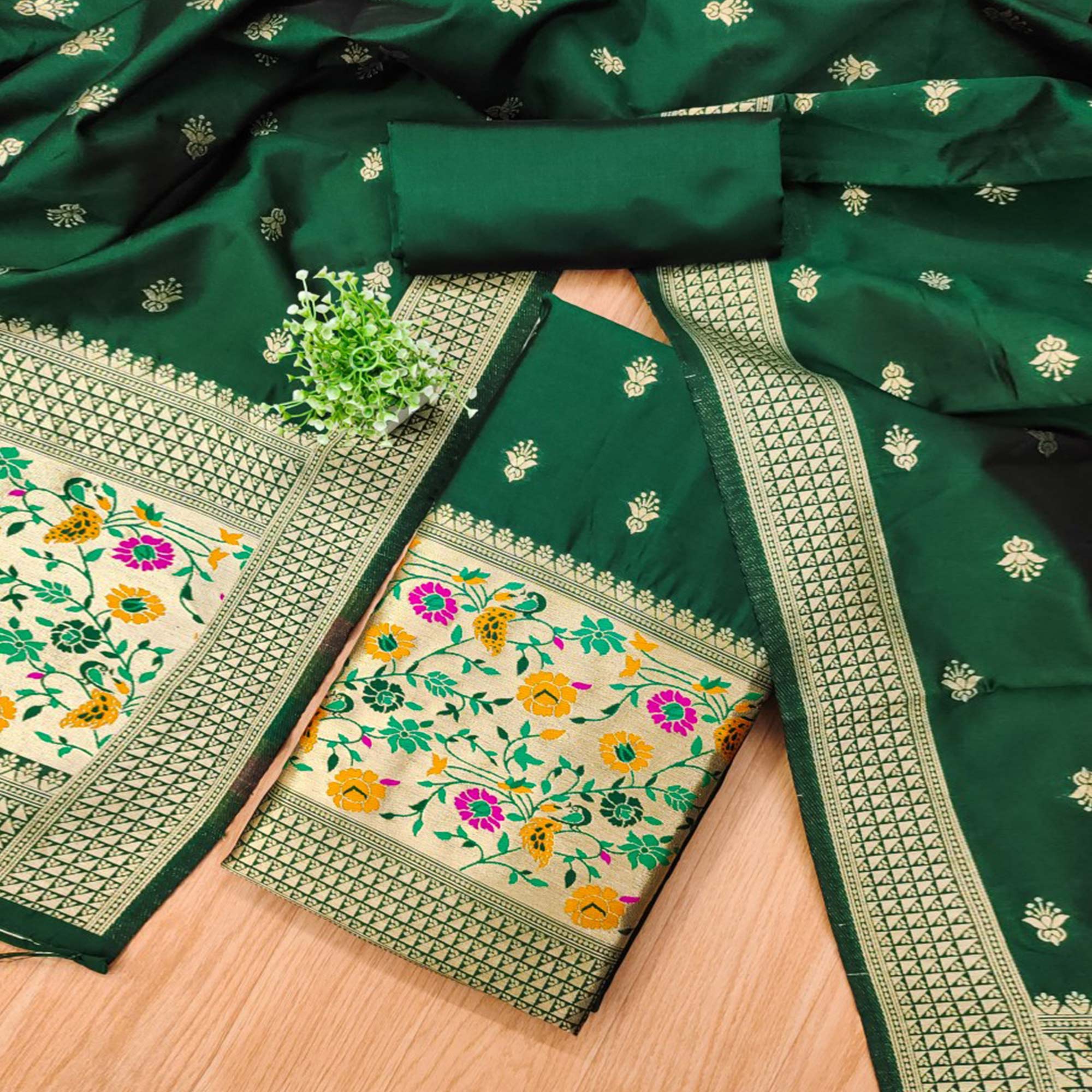 Bottle Green Floral Zari Woven Banarasi Silk Dress Material