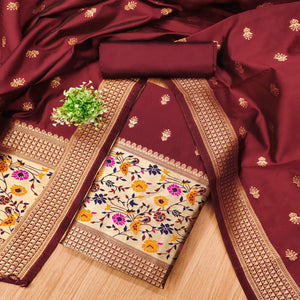 Maroon Floral Zari Woven Banarasi Silk Dress Material