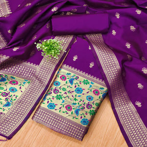 Purple Floral Zari Woven Banarasi Silk Dress Material
