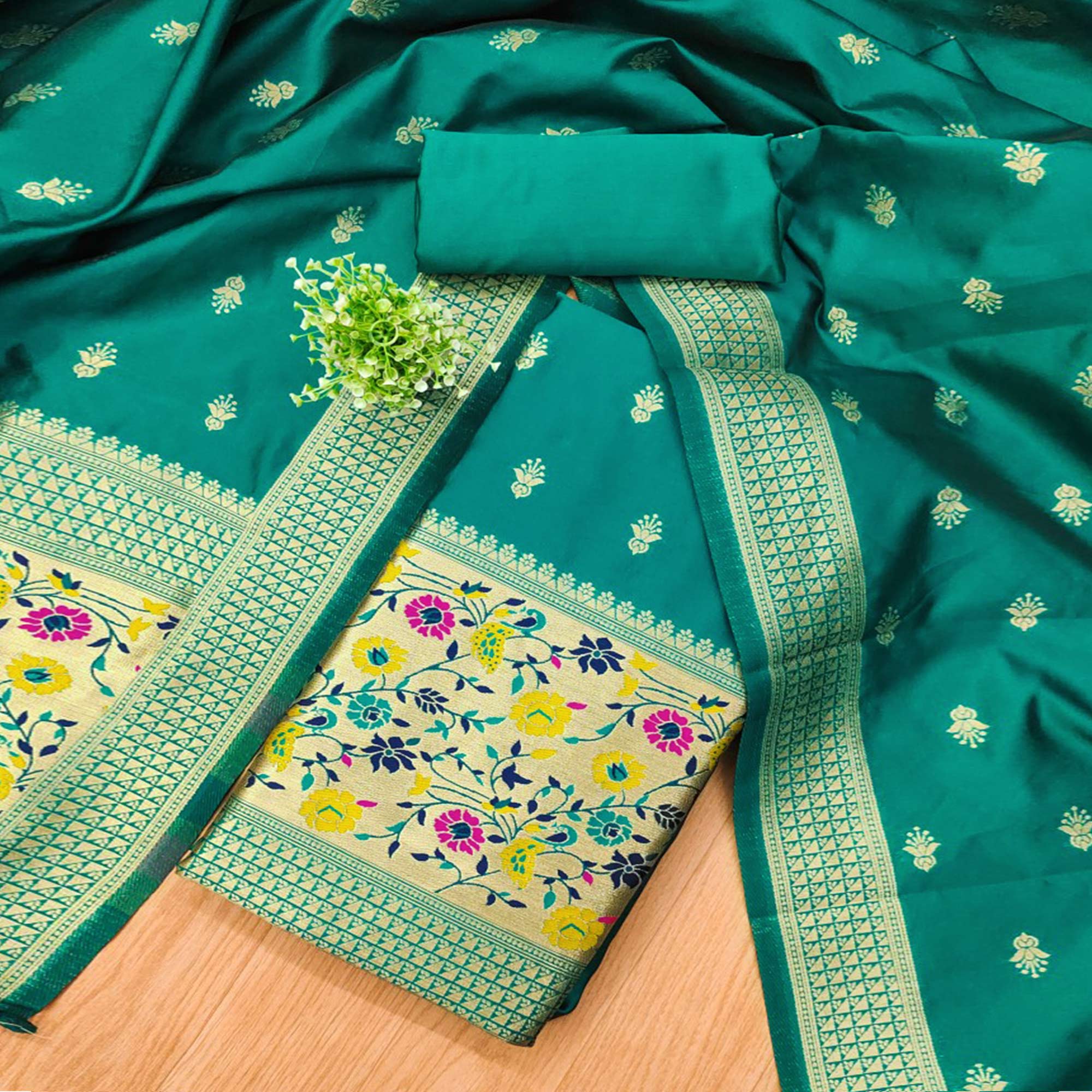 Rama Green Floral Zari Woven Banarasi Silk Dress Material