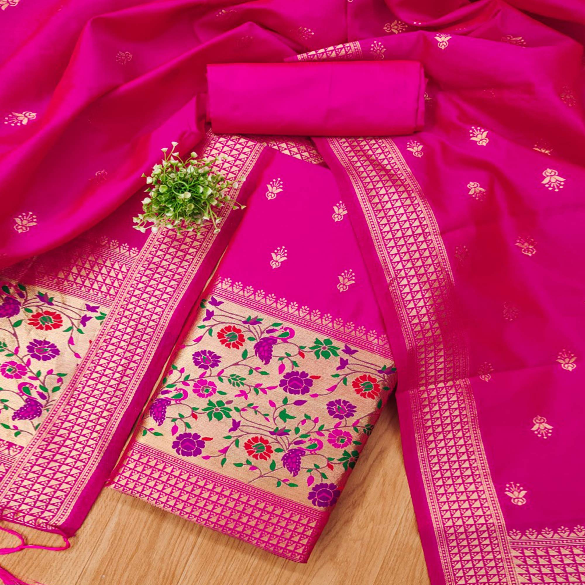 Rani Pink Floral Zari Woven Banarasi Silk Dress Material