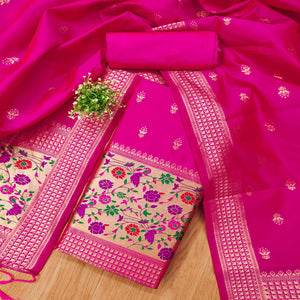 Rani Pink Floral Zari Woven Banarasi Silk Dress Material