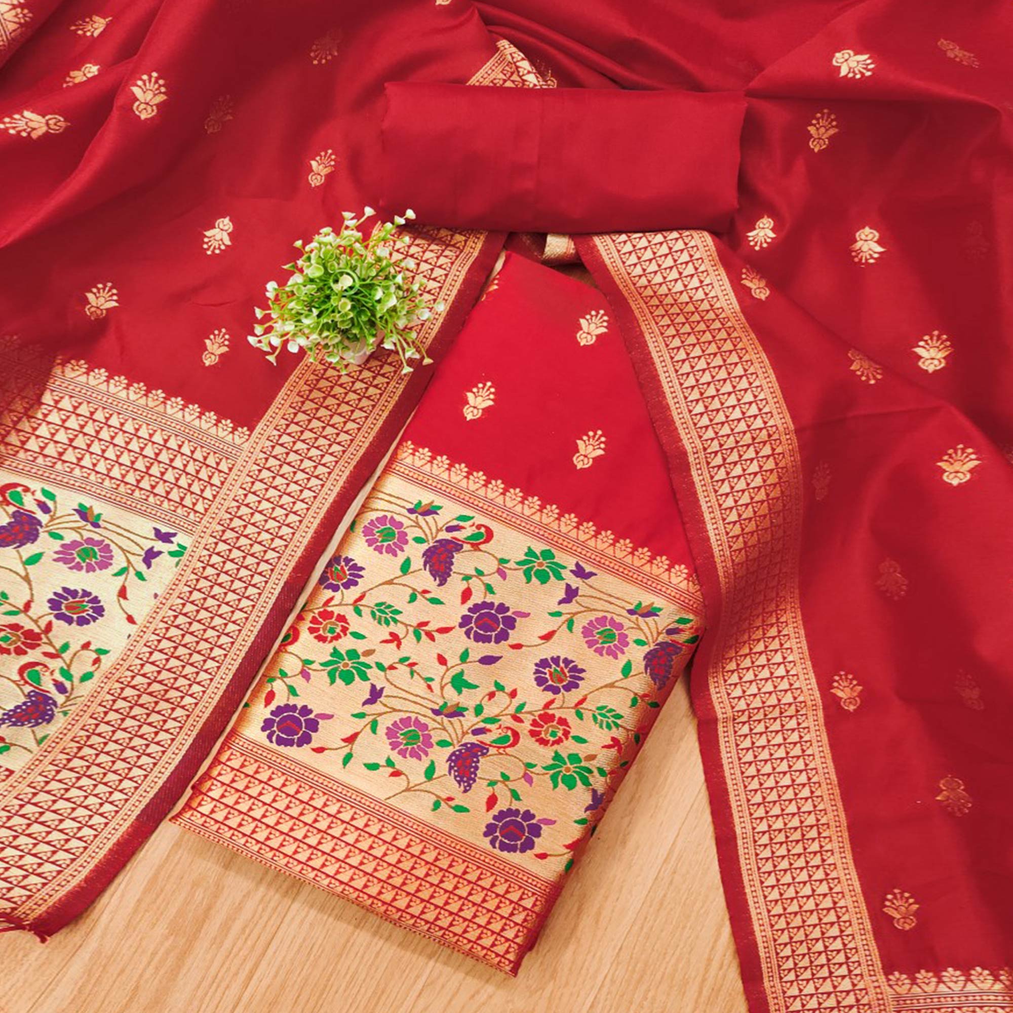 Red Floral Zari Woven Banarasi Silk Dress Material