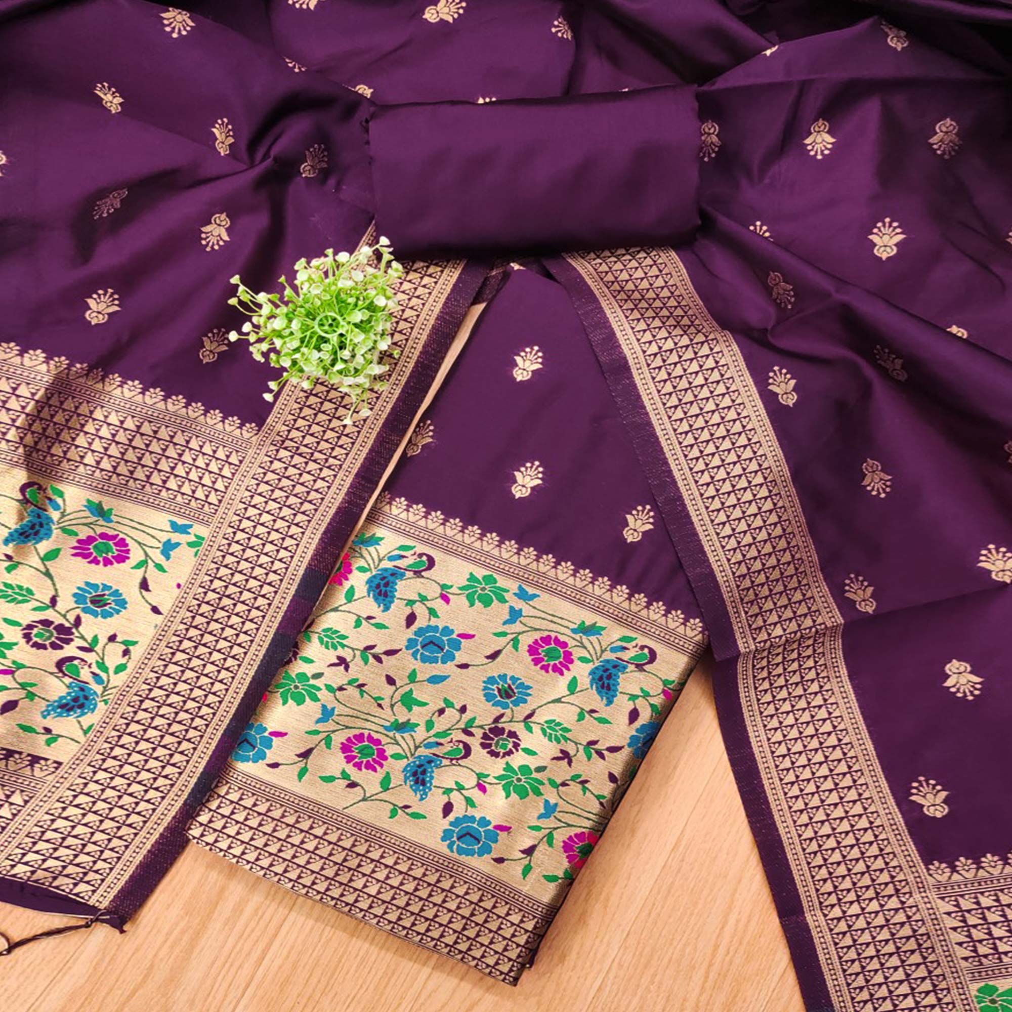 Wine Floral Zari Woven Banarasi Silk Dress Material