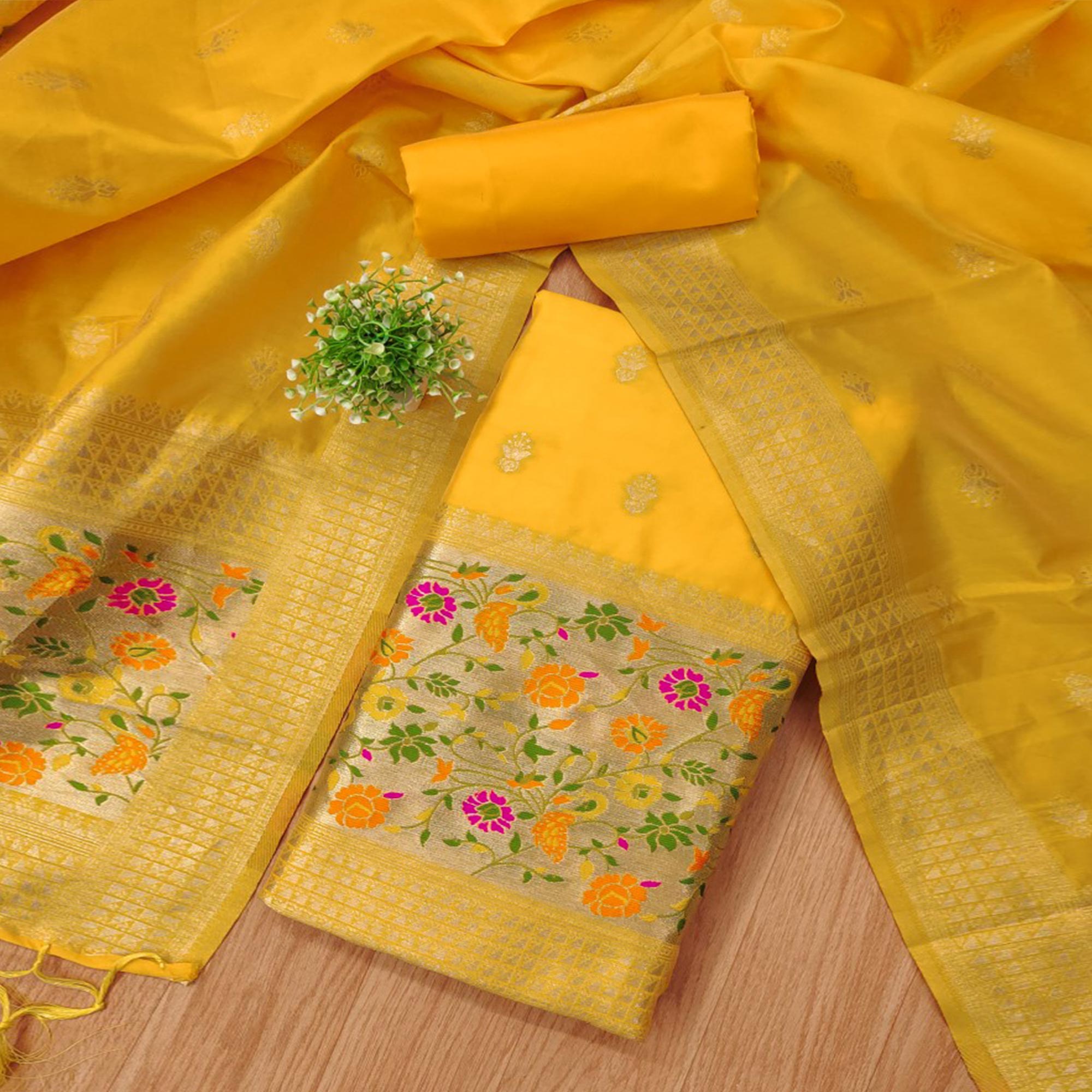 Yellow Floral Zari Woven Banarasi Silk Dress Material