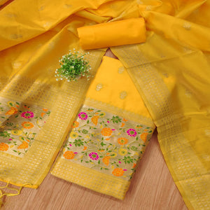 Yellow Floral Zari Woven Banarasi Silk Dress Material