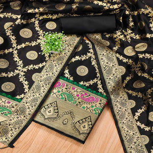 Black Zari Woven Banarasi Silk Dress Material With Elegant Floral Motifs