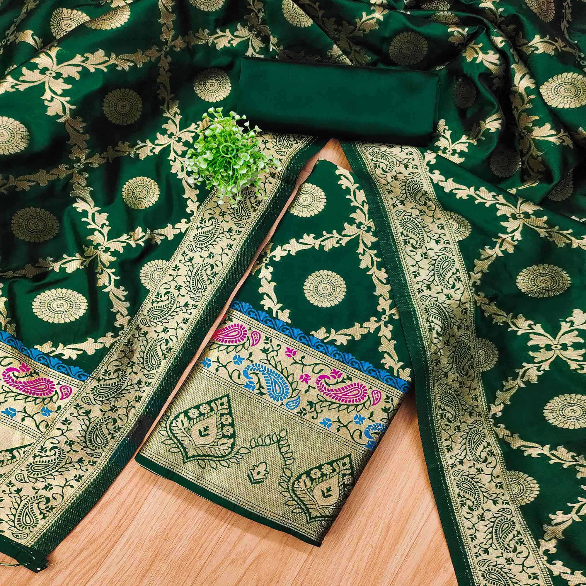 Bottle Green Zari Woven Banarasi Silk Dress Material With Elegant Floral Motifs