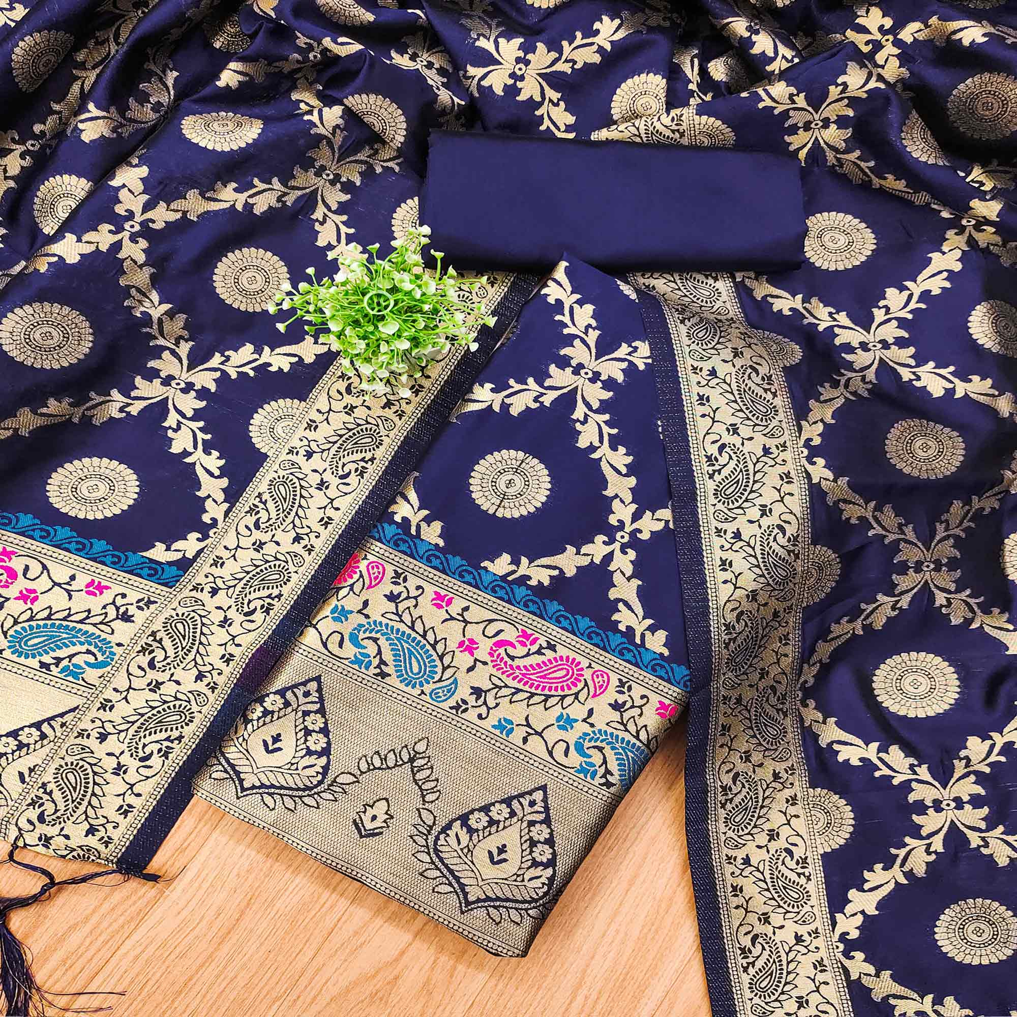 Navy Blue Zari Woven Banarasi Silk Dress Material With Elegant Floral Motifs