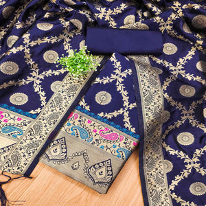 Navy Blue Zari Woven Banarasi Silk Dress Material With Elegant Floral Motifs