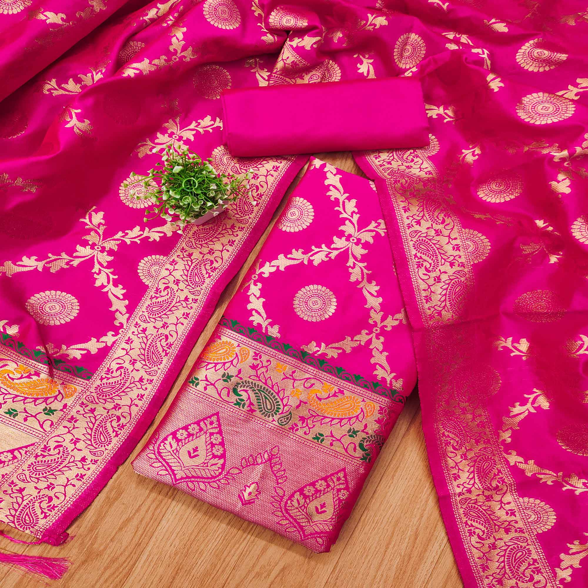 Pink Zari Woven Banarasi Silk Dress Material With Elegant Floral Motifs