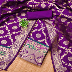 Purple Zari Woven Banarasi Silk Dress Material With Elegant Floral Motifs