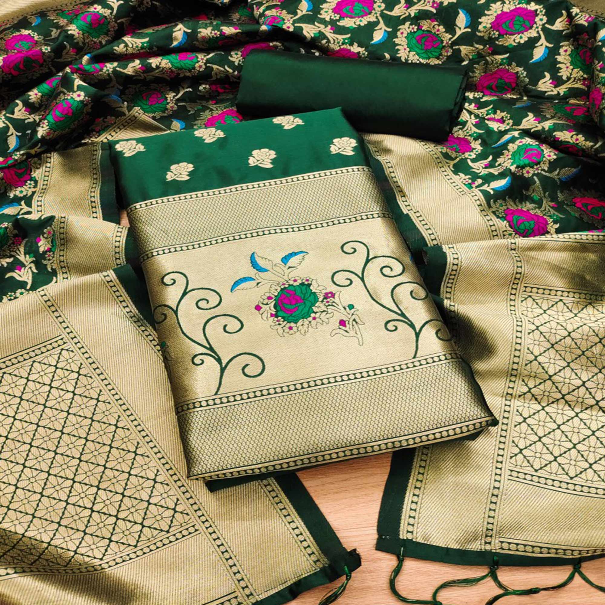 Bottle Green Floral Woven Banarasi Silk Dress Material