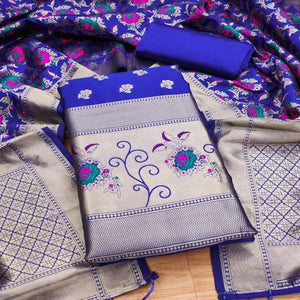 Royal Blue Floral Woven Banarasi Silk Dress Material