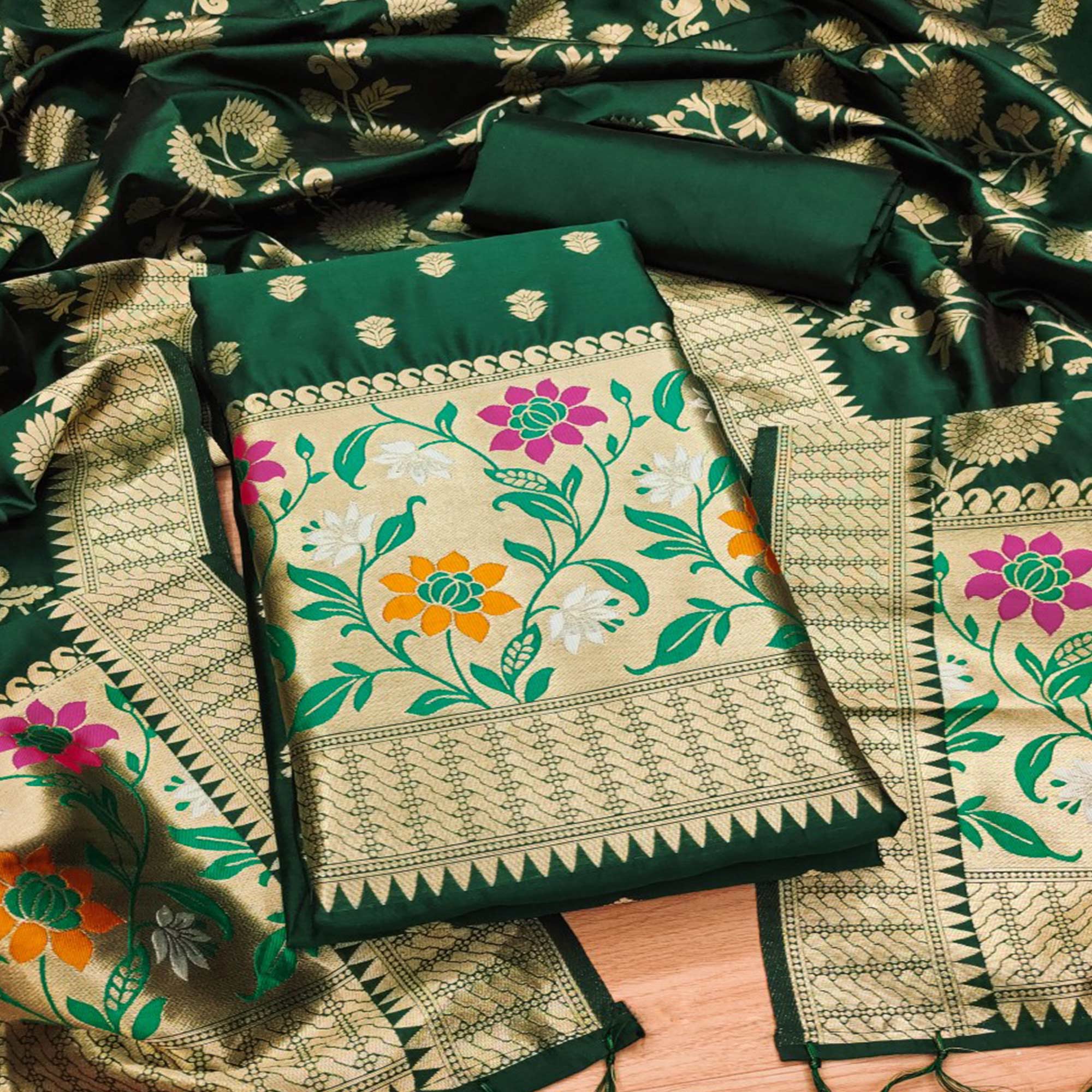 Green Floral Woven Banarasi Silk Dress Material