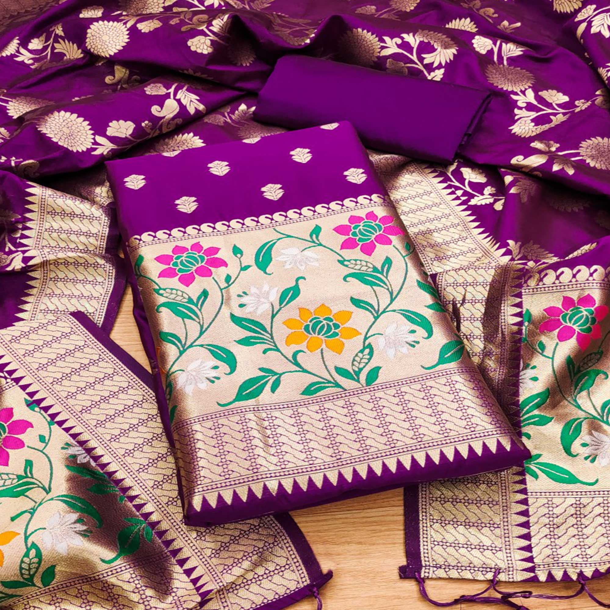 Purple Floral Woven Banarasi Silk Dress Material