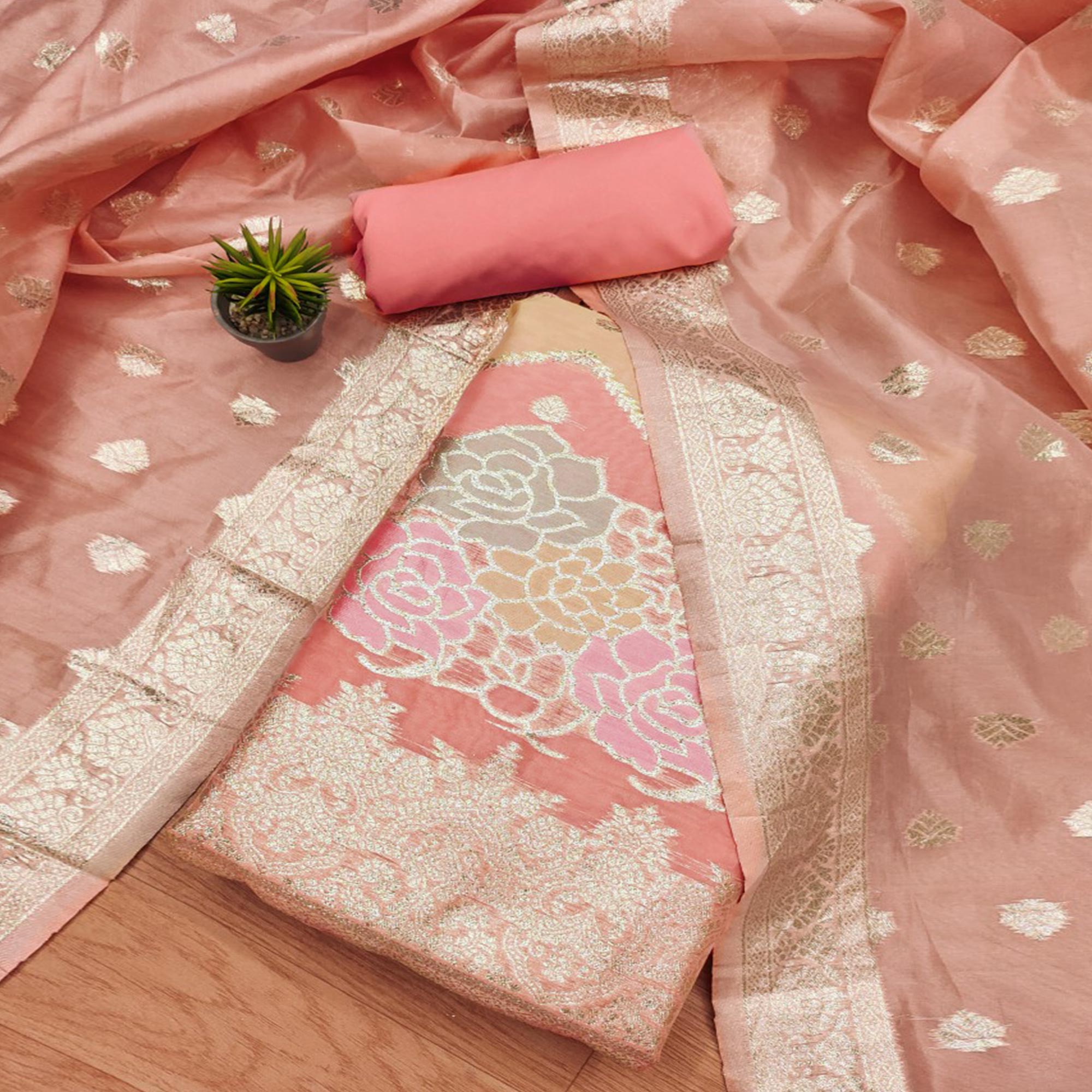 Peach Floral Woven Organza Dress Material