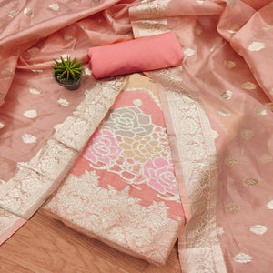 Peach Floral Woven Organza Dress Material