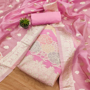 Pink Floral Woven Organza Dress Material