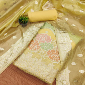 Yellow Floral Woven Organza Dress Material