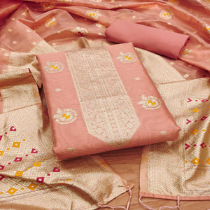 Peach Floral Woven Organza Dress Material