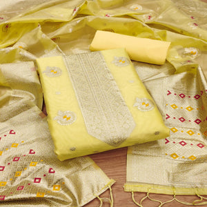 Yellow Floral Woven Organza Dress Material