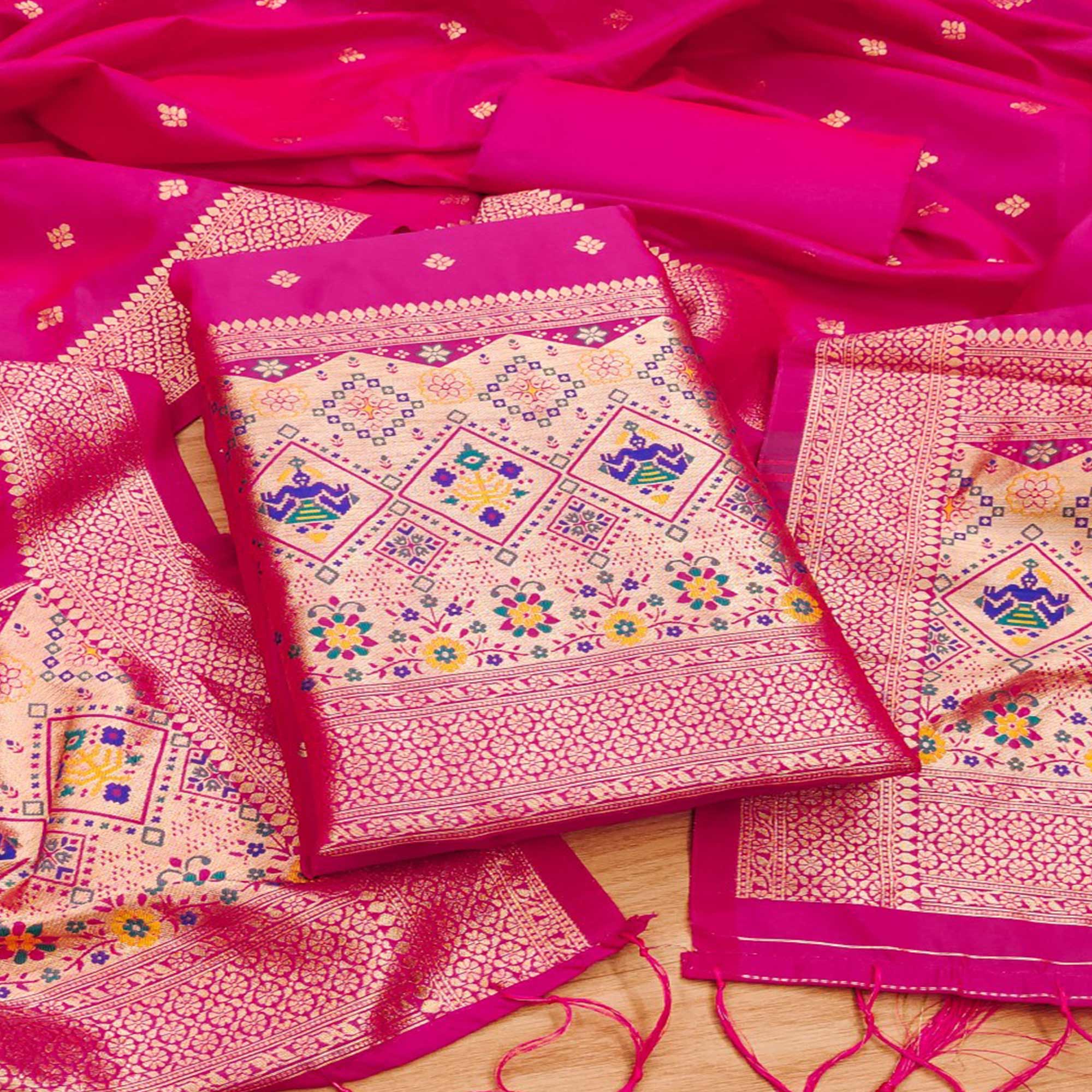 Pink Zari Weaving Soft Banarasi Silk Dress Material