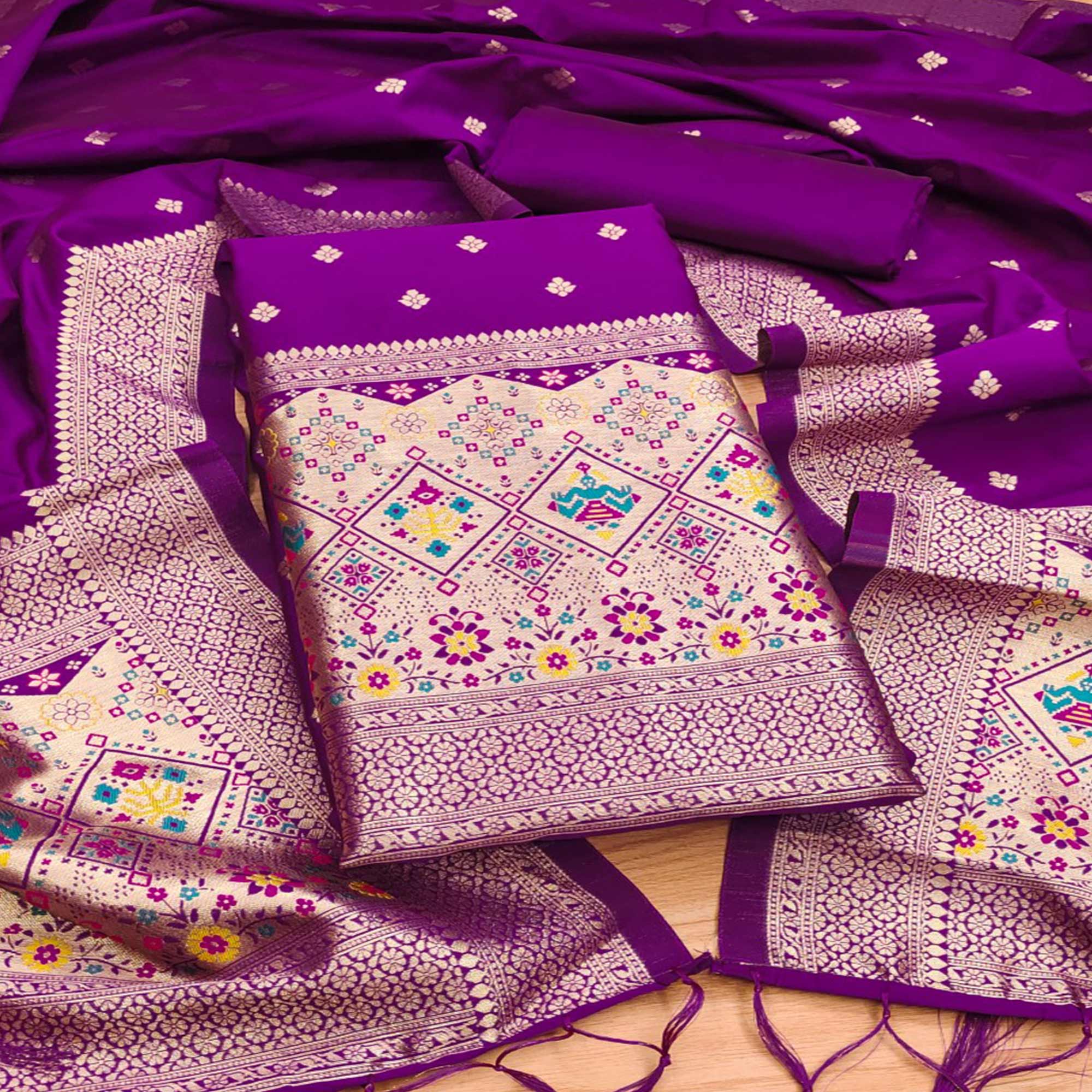 Purple Zari Weaving Soft Banarasi Silk Dress Material