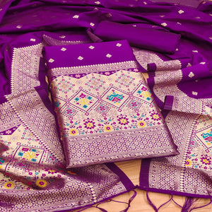 Purple Zari Weaving Soft Banarasi Silk Dress Material