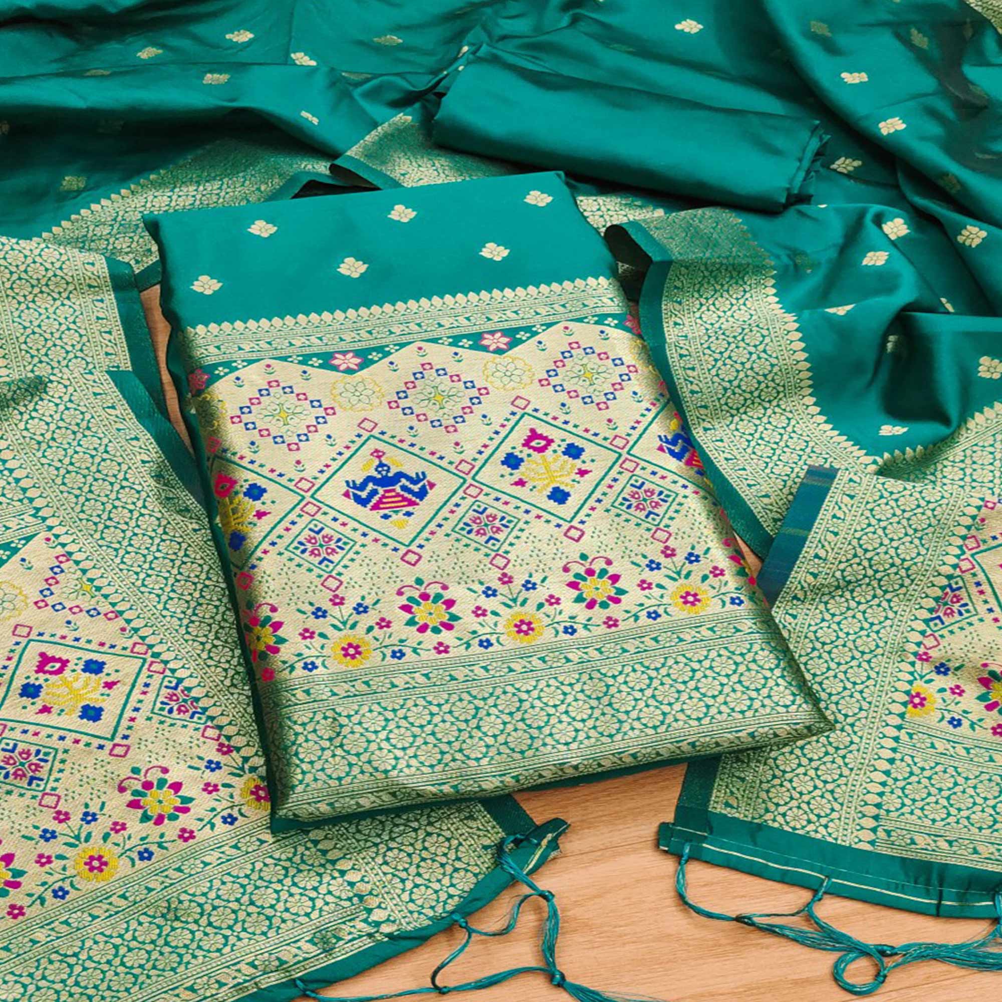 Teal Zari Weaving Soft Banarasi Silk Dress Material