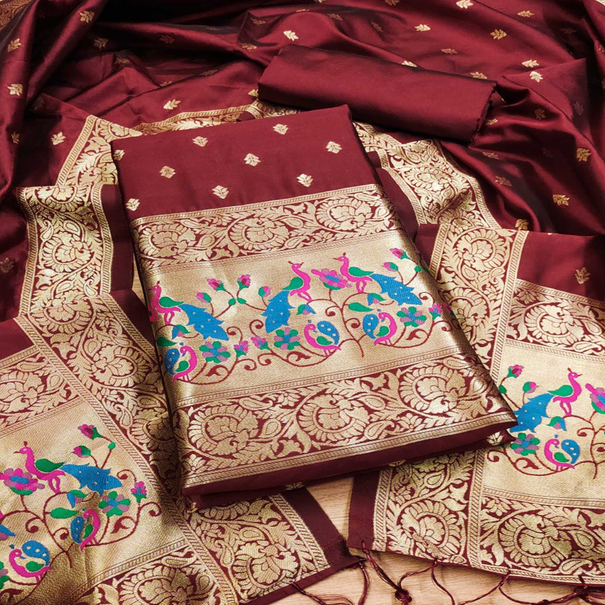 Maroon Floral Woven Banarasi Silk Dress Material