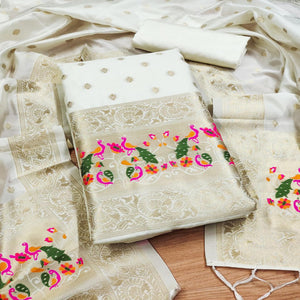 Off White Floral Woven Banarasi Silk Dress Material