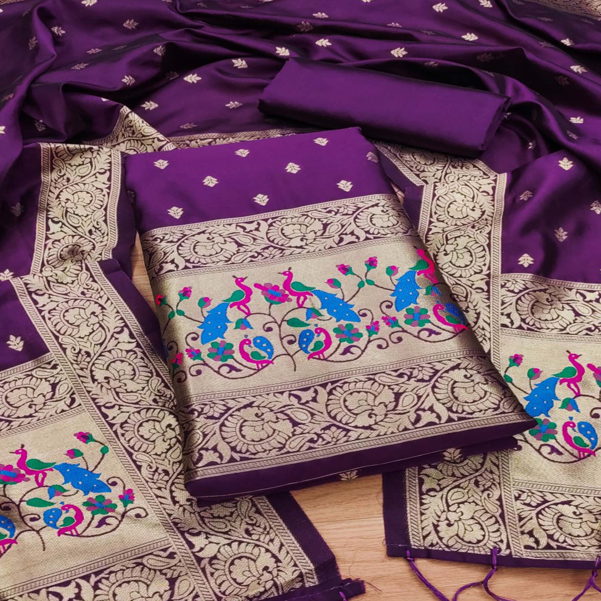 Purple Floral Woven Banarasi Silk Dress Material