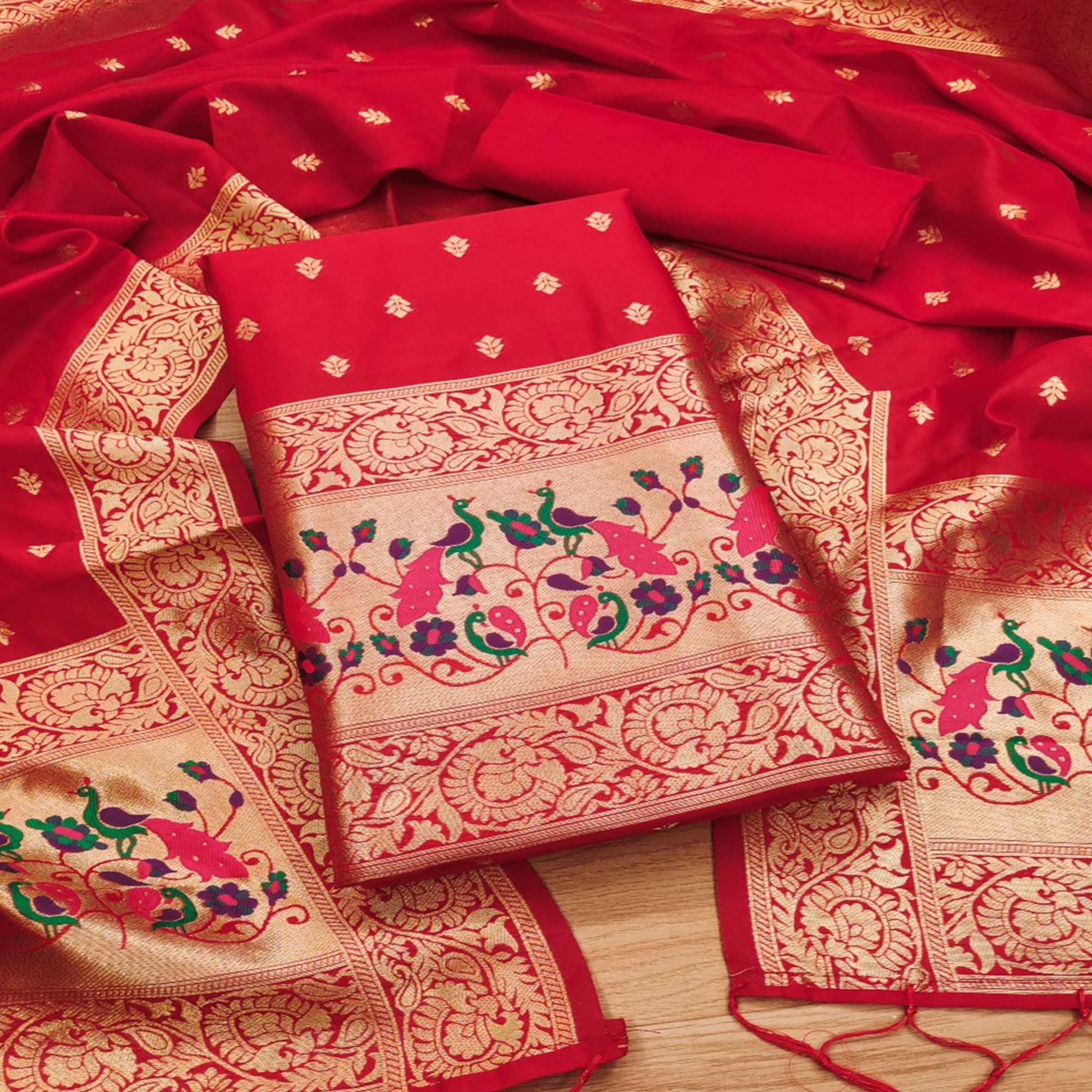 Red Floral Woven Banarasi Silk Dress Material