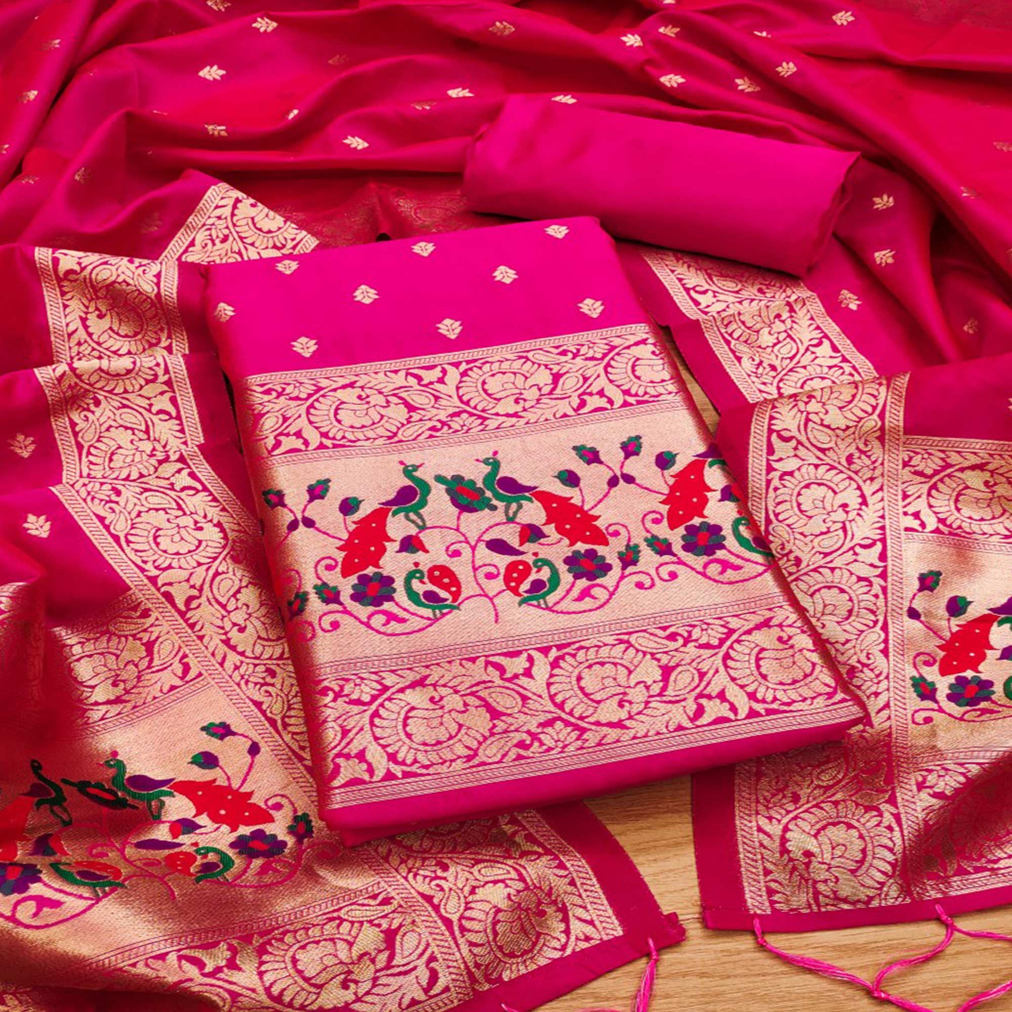 Rani Pink Floral Woven Banarasi Silk Dress Material