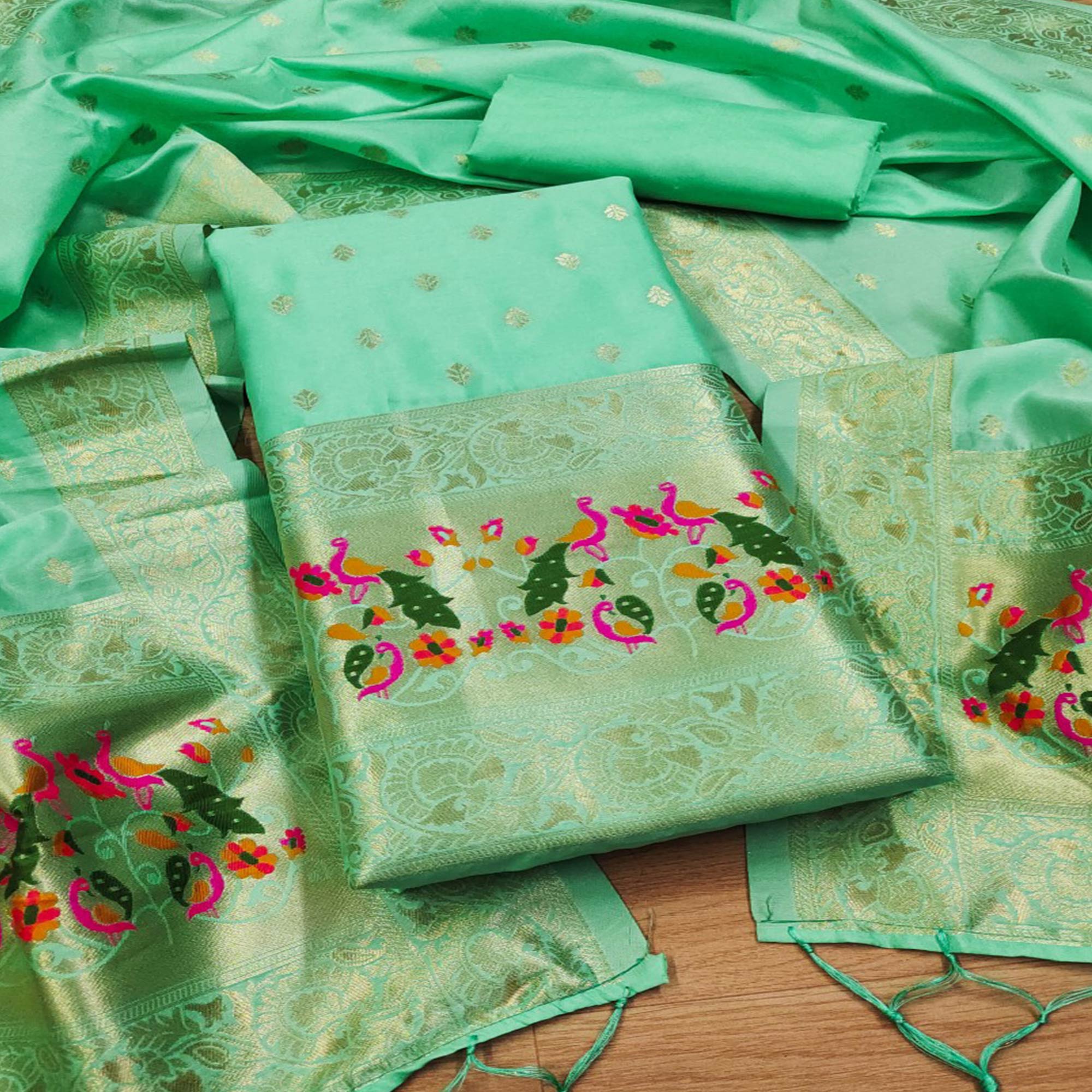 Sea Green Floral Woven Banarasi Silk Dress Material