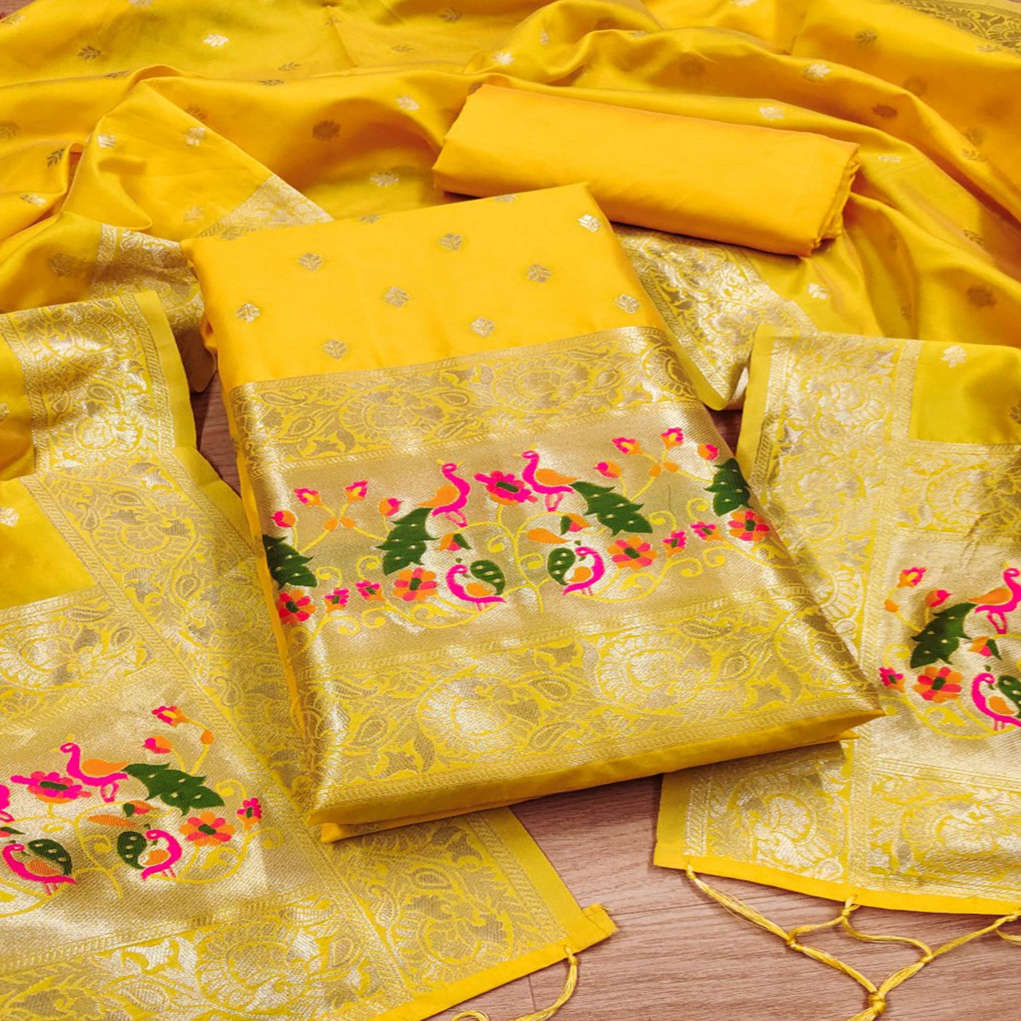 Yellow Floral Woven Banarasi Silk Dress Material